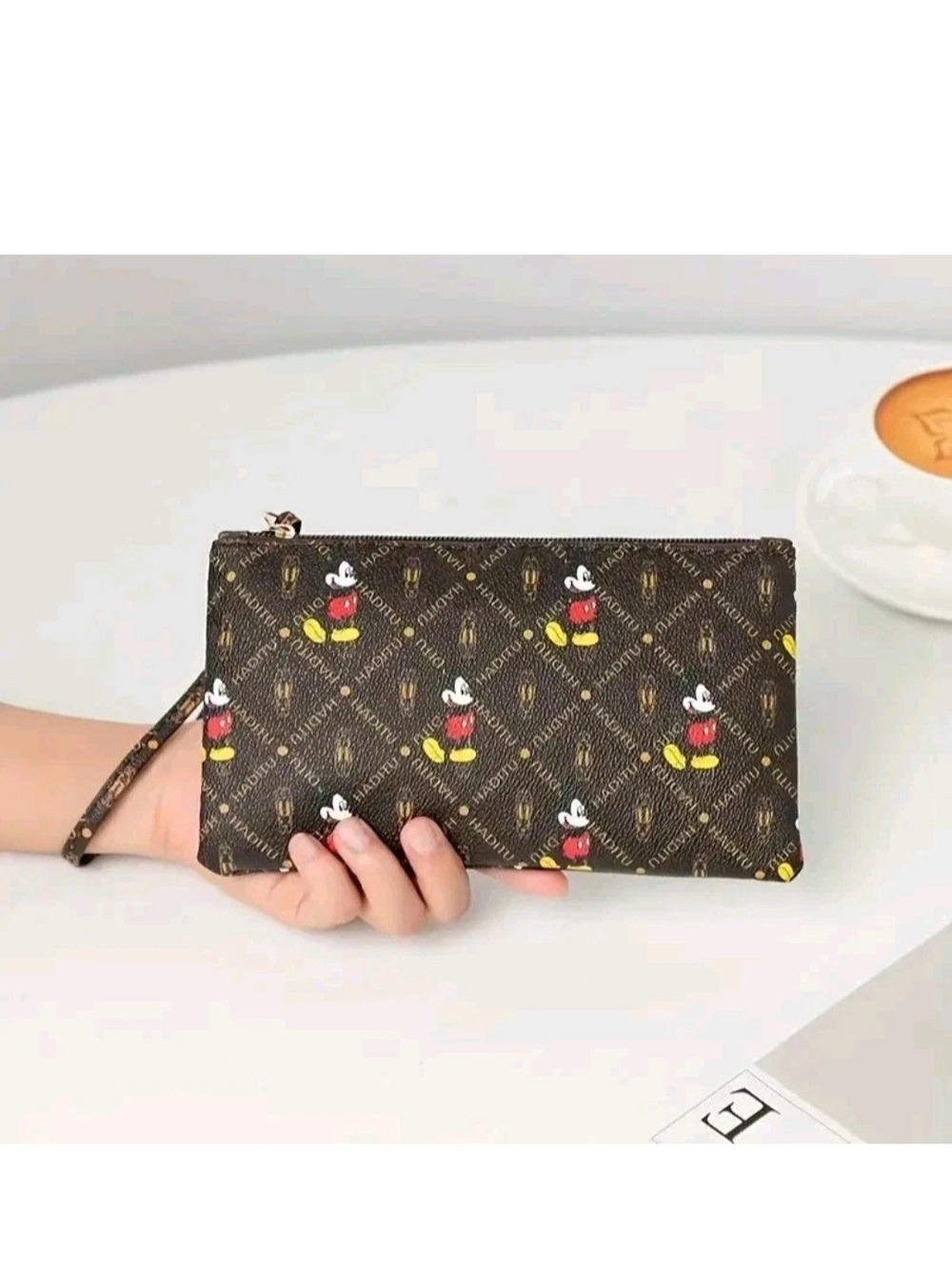 Brown Printed Mickey Canvas Wristlet Clutch